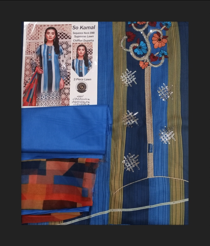 3 pcs lawn sequence neck emb