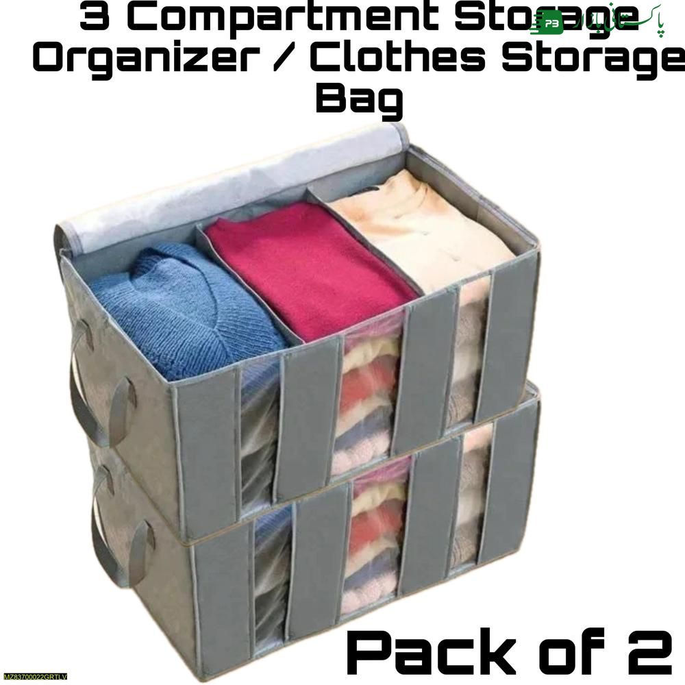 3 Compartments Storage OrganizerGrey Pack of 2